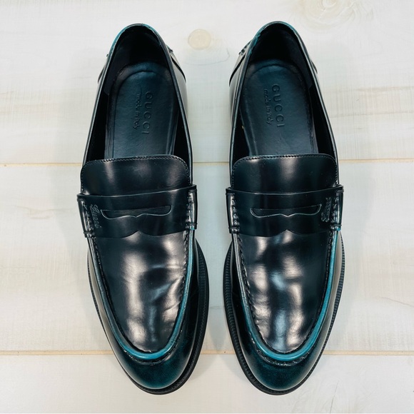 Gucci Men’s Black Leather Two-Tone Penny Loafer, Sz 8 Black Green - Picture 4 of 10